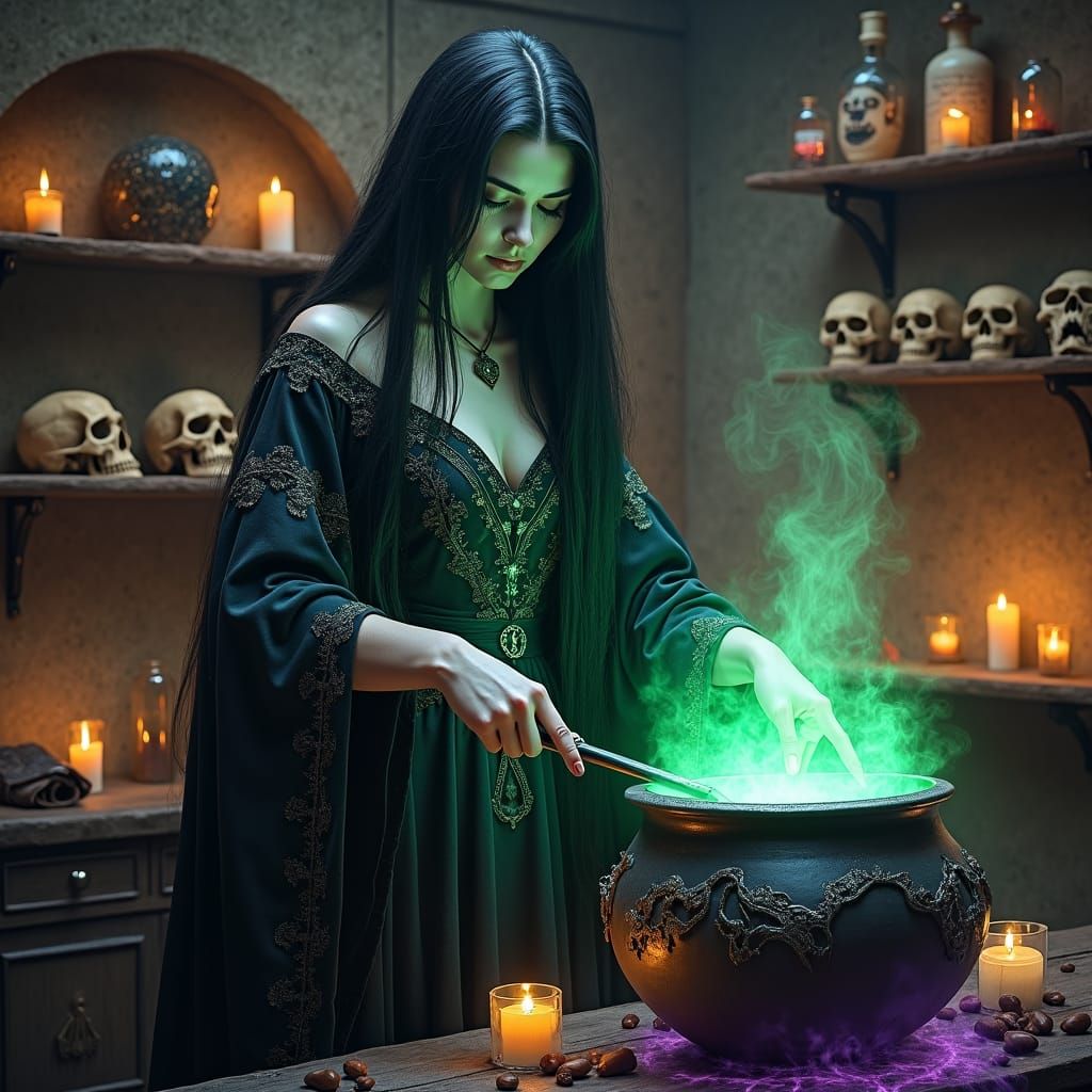 A 3D illustration of a strikingly beautiful dark witch with long, flowing black hair and pale white skin. She is stirrin...