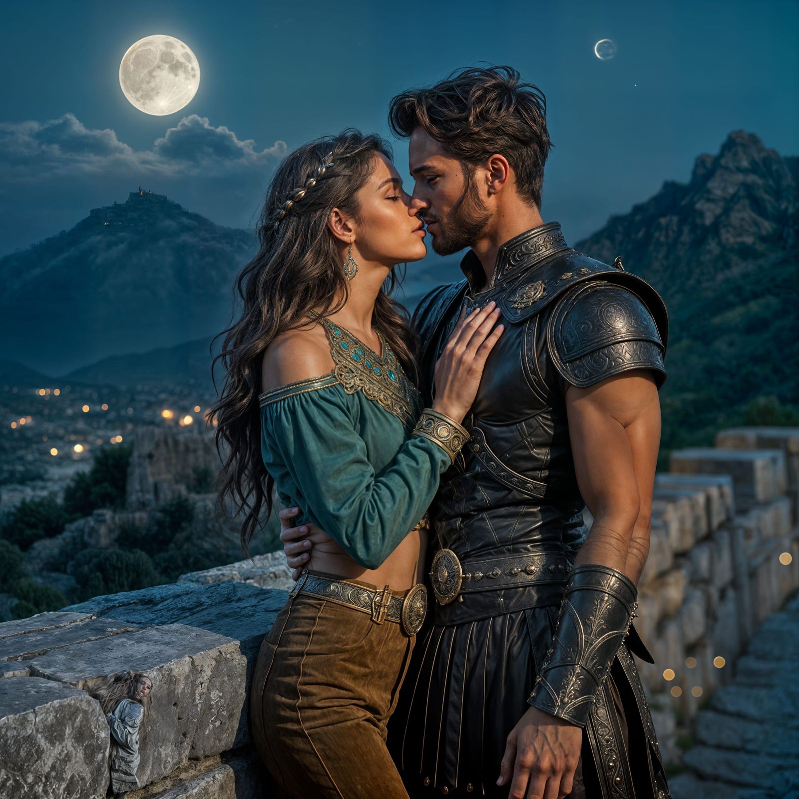 Romantic Kiss Under Full Moon, Digital Matte Painting