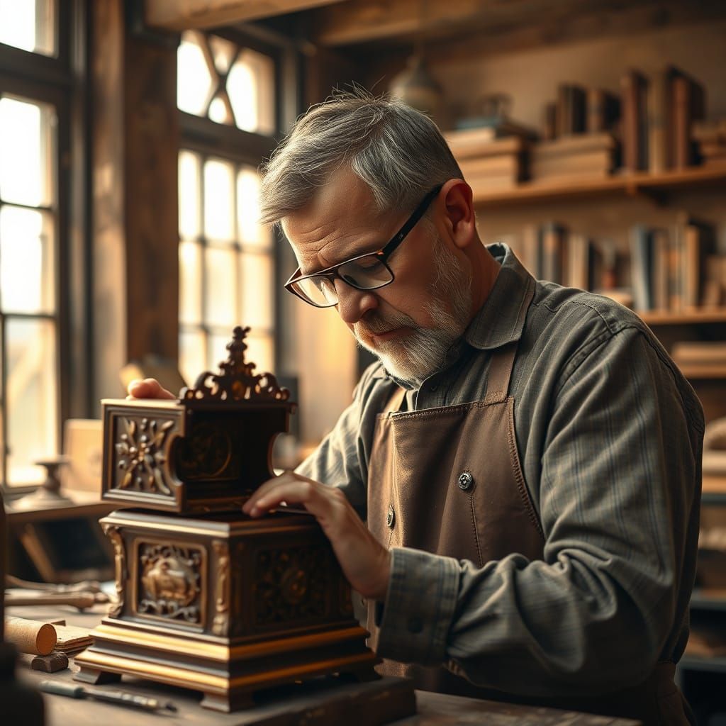 Restorer Examines Antique Music Box in Workshop