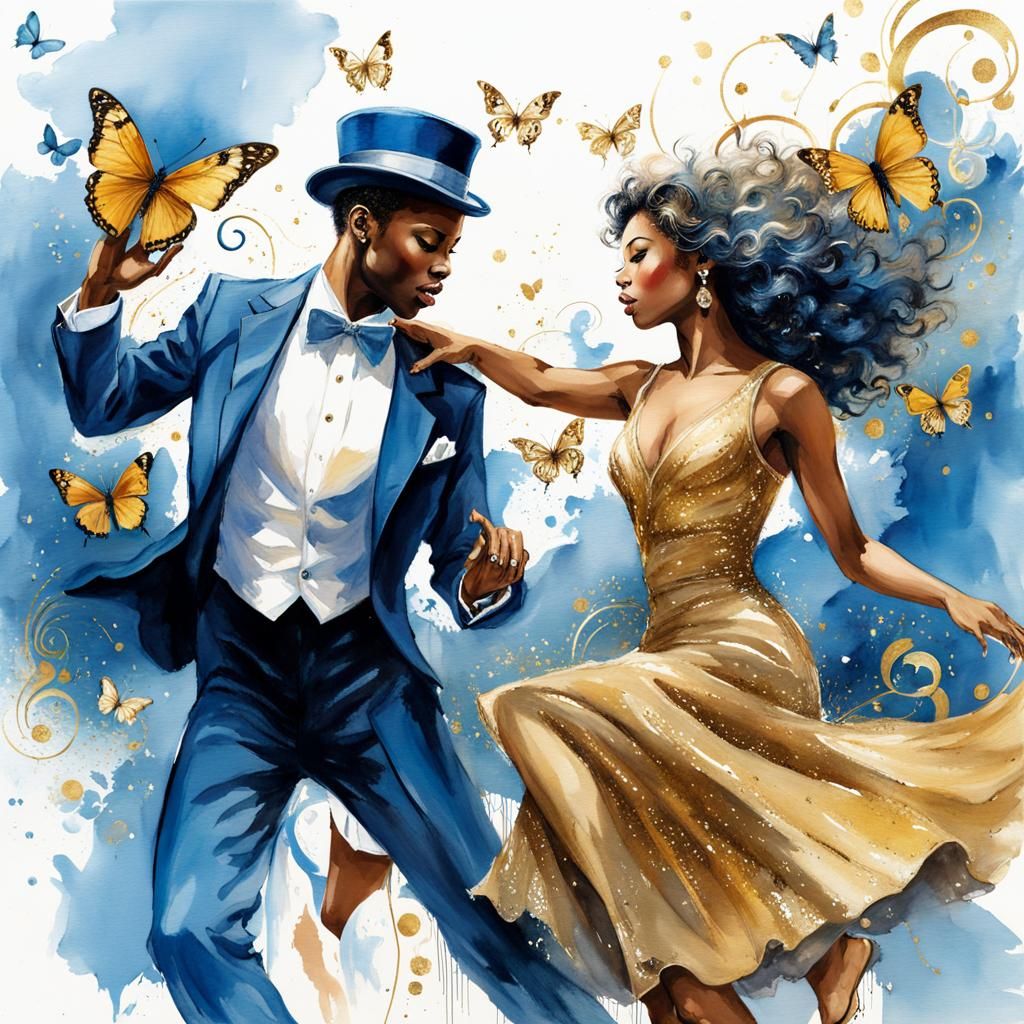 Lindy Hop Dancers on Beach with Gramophone, Watercolor