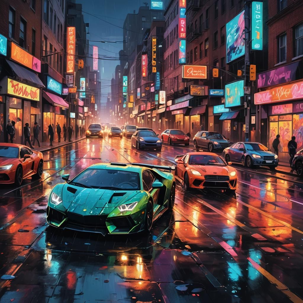 Luxury Car Race on Neon Streets as Digital Art