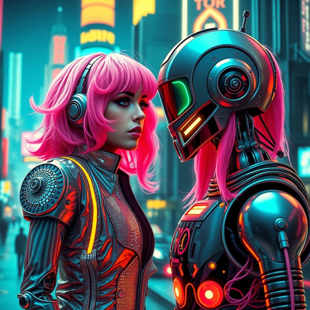Cyberpunk Miley Cyrus Talks to Retro Robot in Neon City