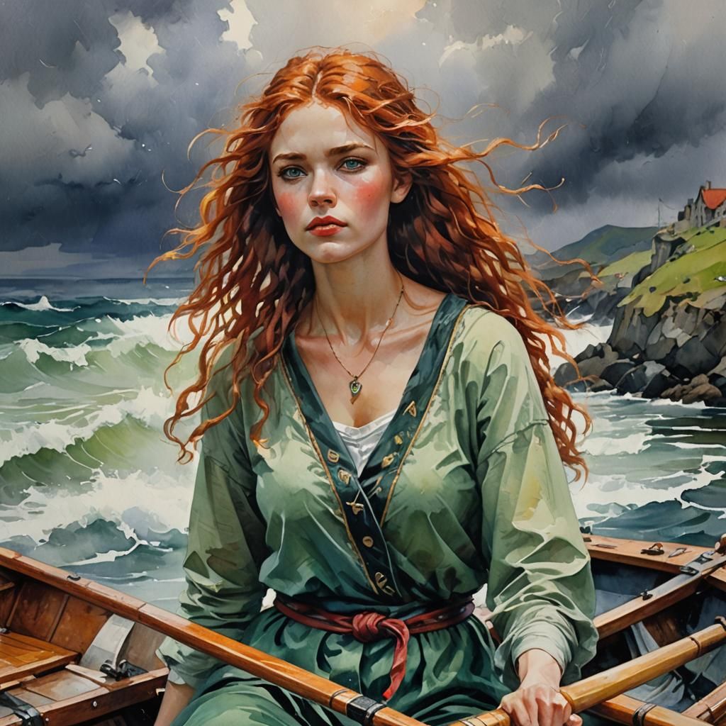 Norse Girl Rows Boat: Fauvist Watercolor Painting