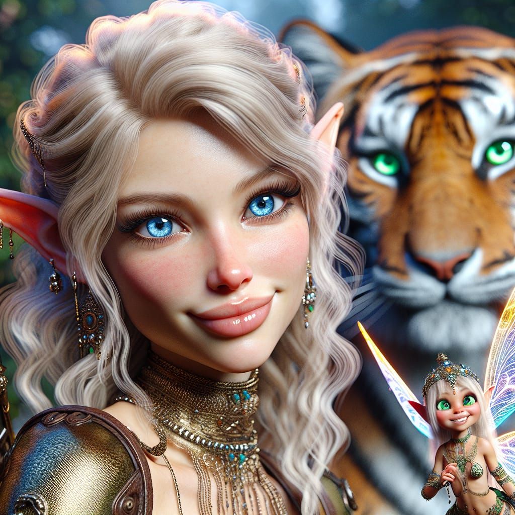 Blonde Elf Adventurer, Fairy, and Tiger: DSLR Photography