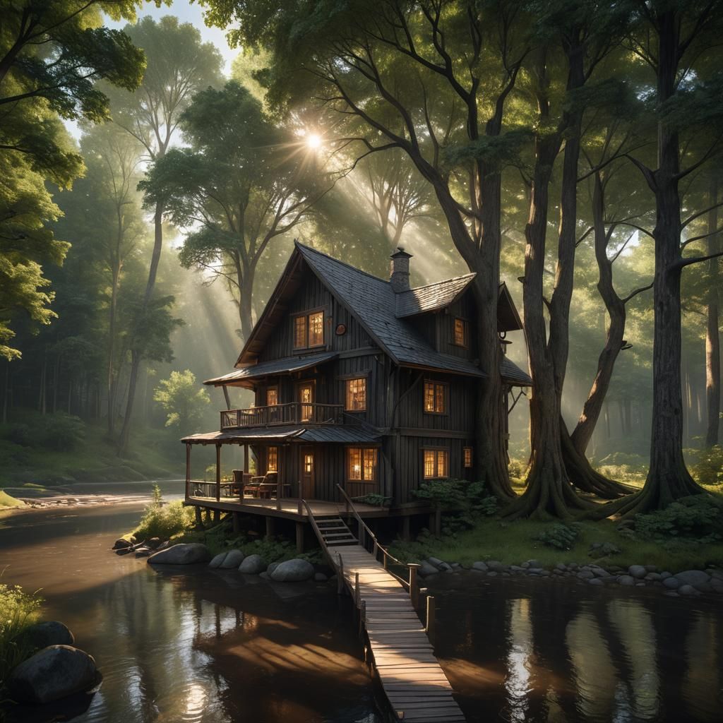 Magical Forest House in Sunlight: Fantasy Concept Art