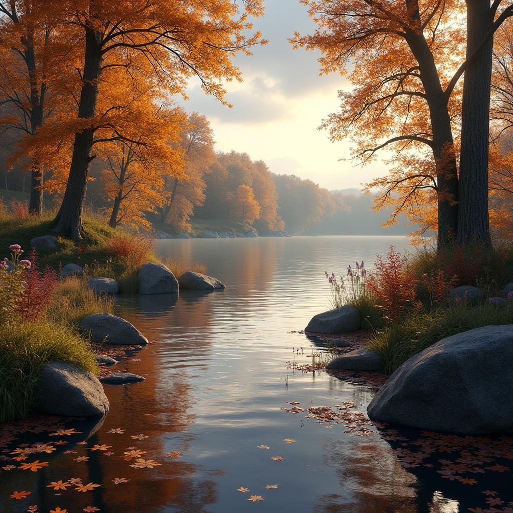 Serene Autumn Lake Scene in Magical Realism Style