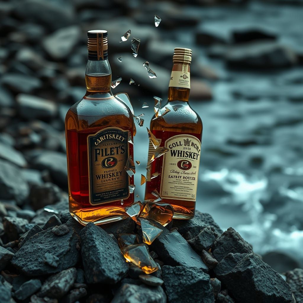 Dystopian Whiskey Bottles Shattered on Rocky Shore