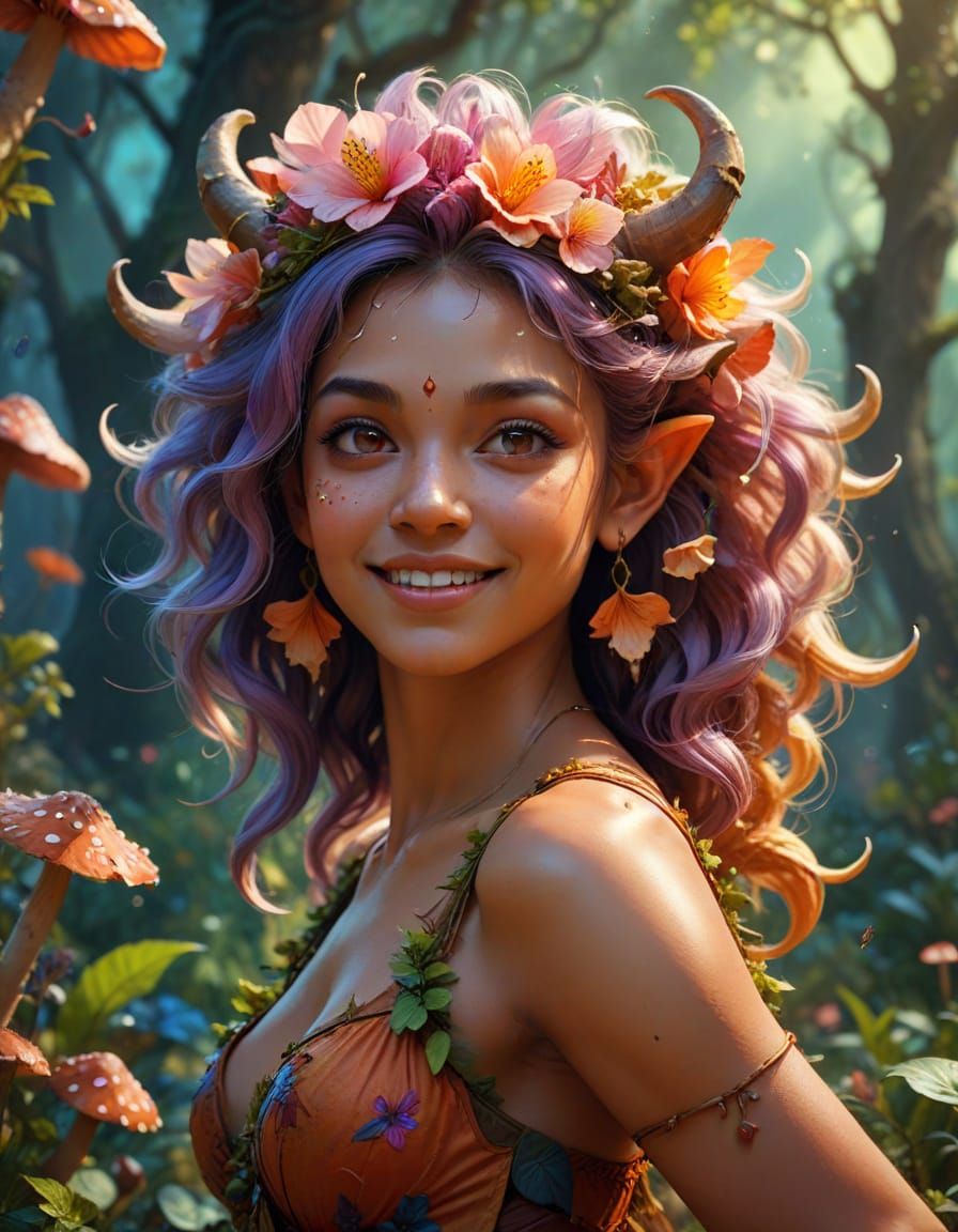 Enchanting South Asian Satyr Dances in Whimsical Landscape