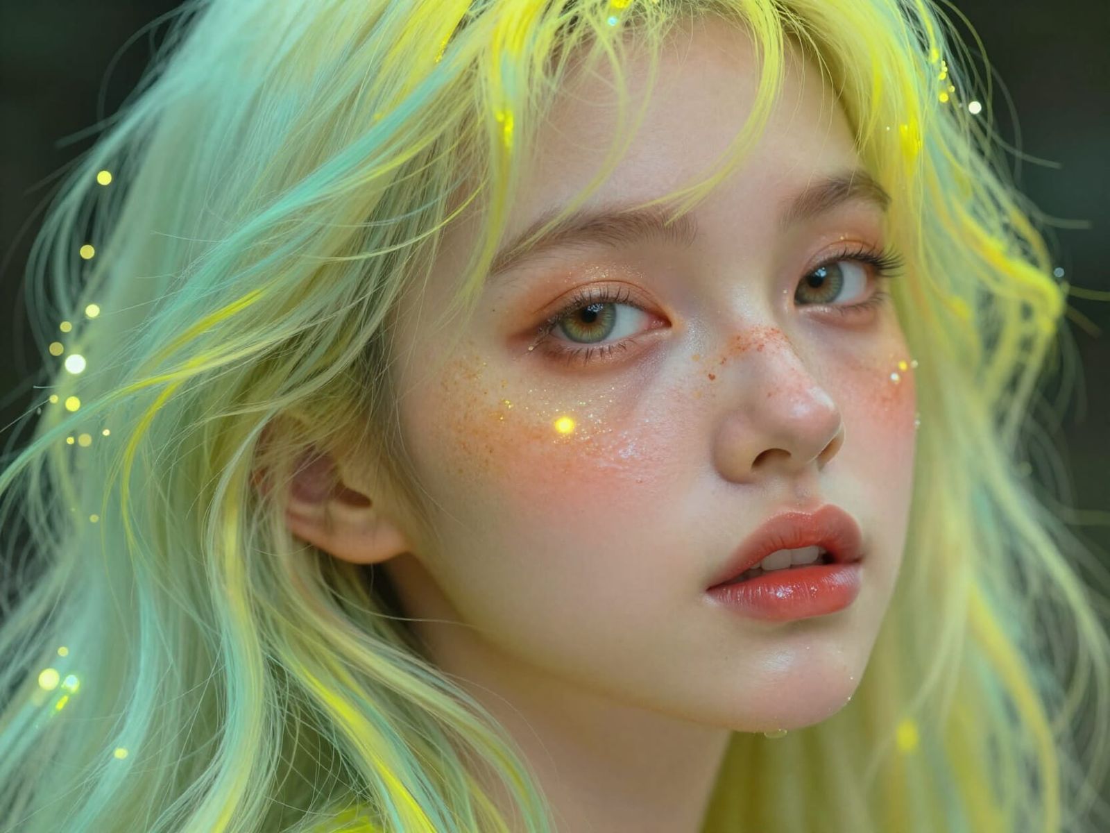 Eurasian Pin-Up with Bioluminescent Freckles in Neon Glow