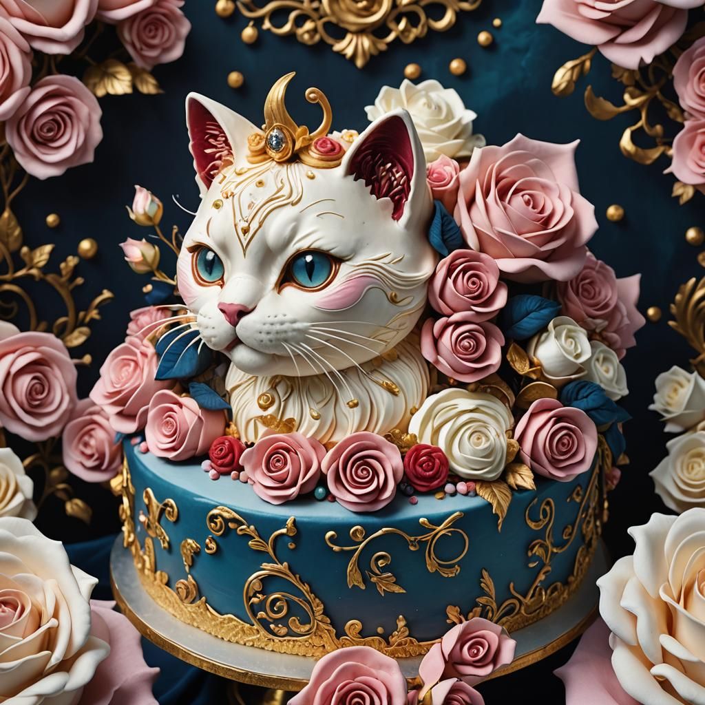 Cat Cake with Raspberry Cream and Meringue Roses