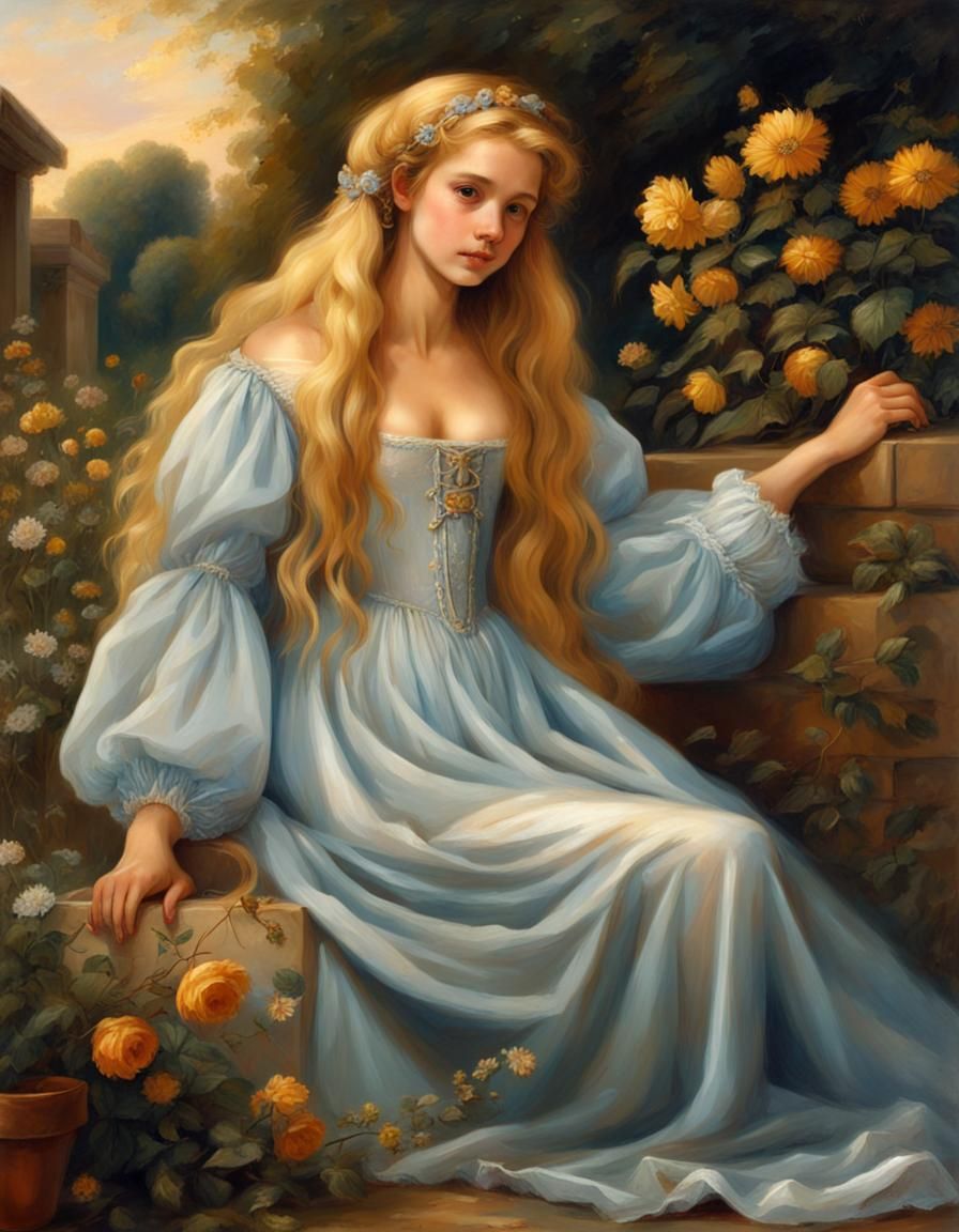 Renaissance Girl with Golden Hair in Garden