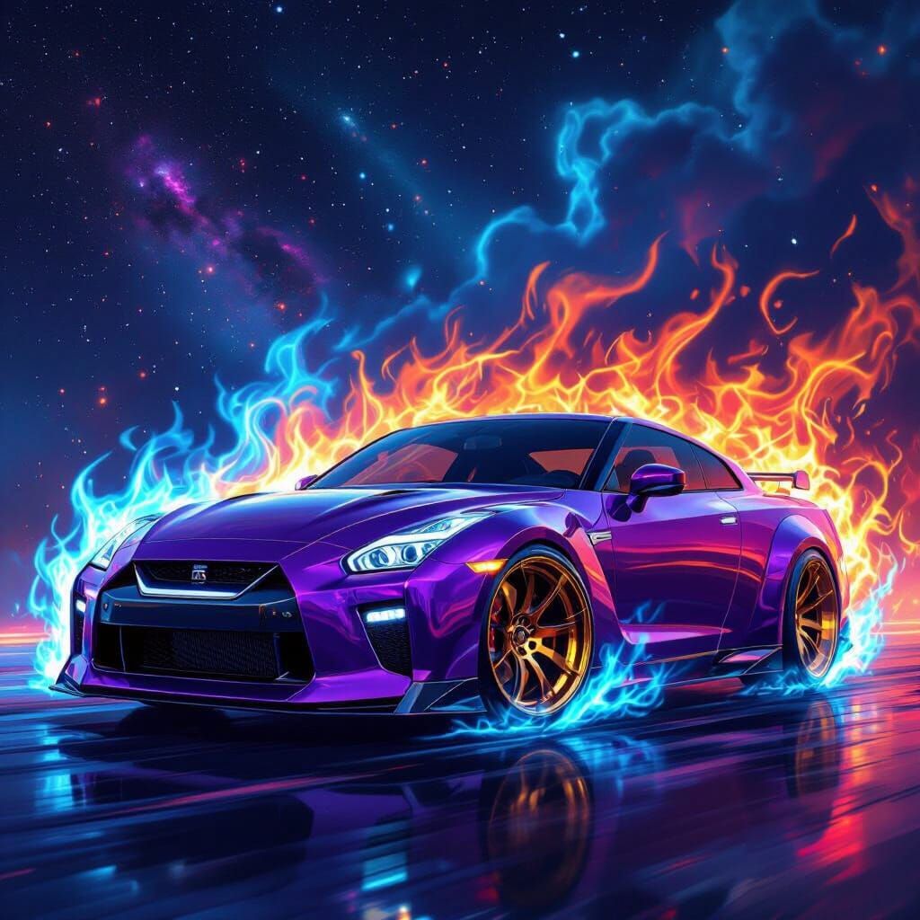 Purple GTR with Golden Rims Amidst Cosmic Flames
