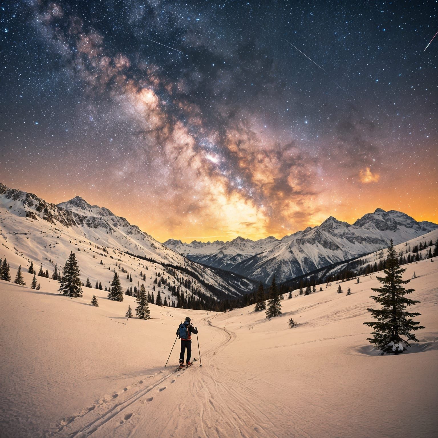 Cross-Country Skier Under Starry Night Sky