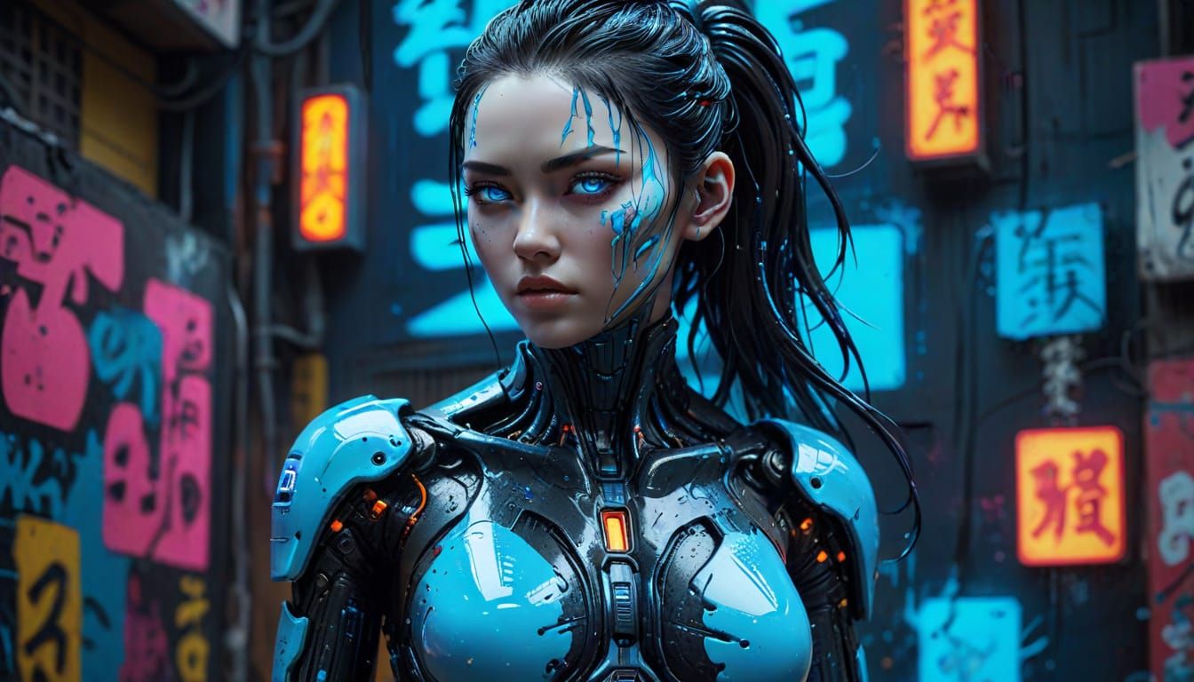Japanese Cyberpunk Gynoid with Melting Porcelain Face