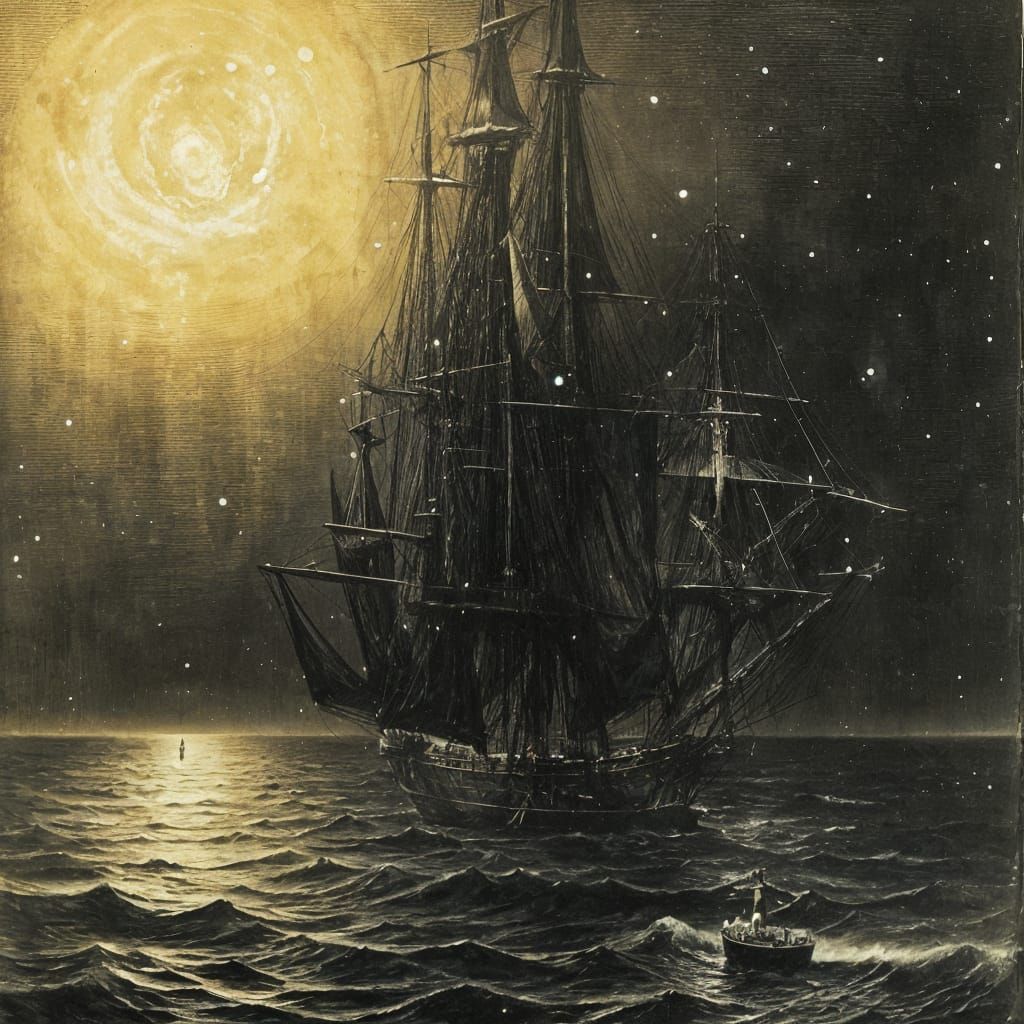 Pirate Galleon in Fog Under Full Moon: Surreal Art