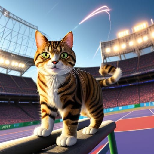 Cat Vaulting to Victory: Vibrant Digital Art