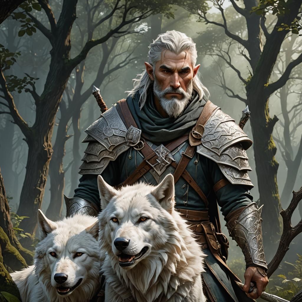 Wood Elf Ranger and White Wolf Fantasy Art