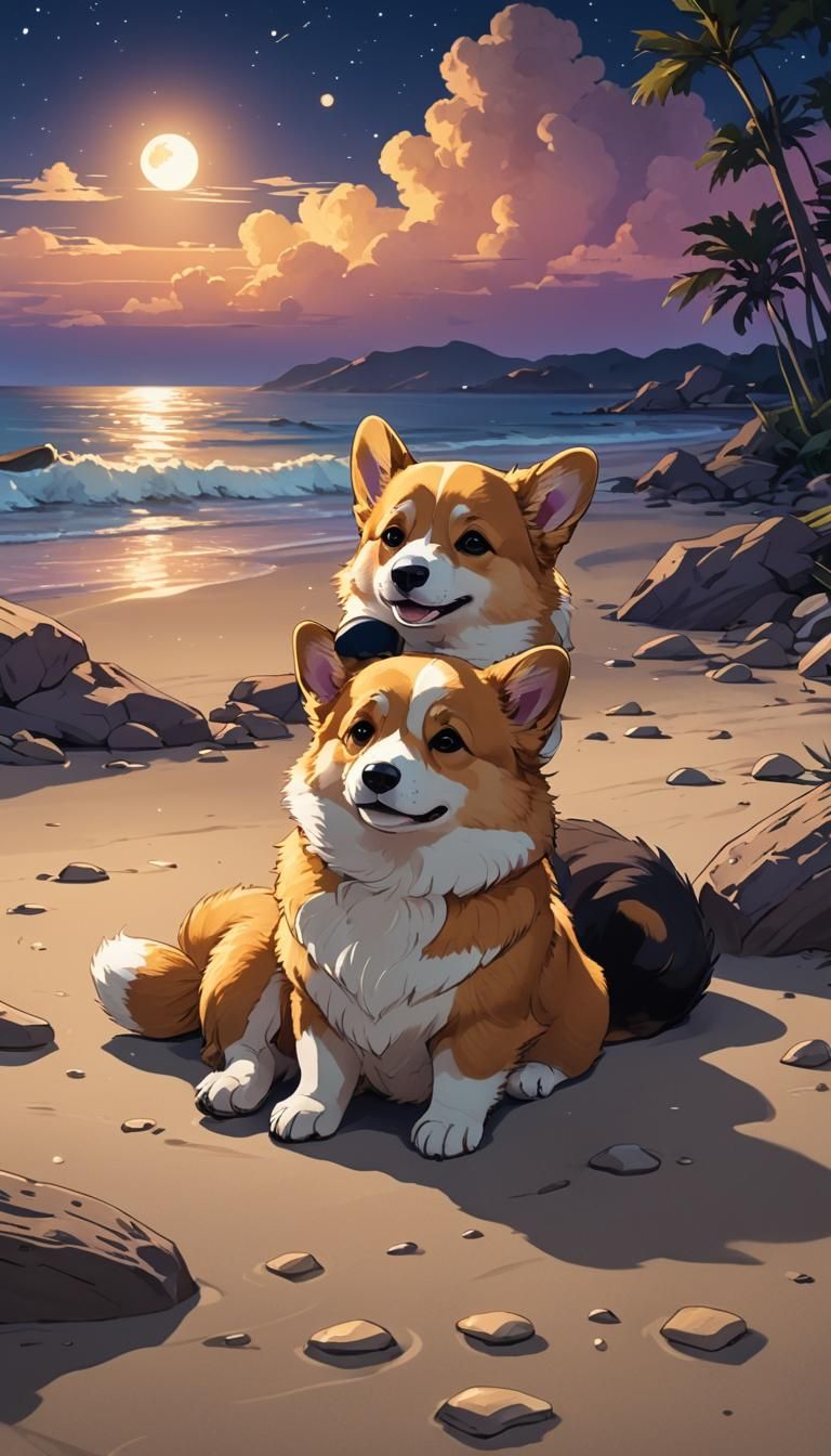 Corgi and Otter Snuggle on Beach in Manga Style