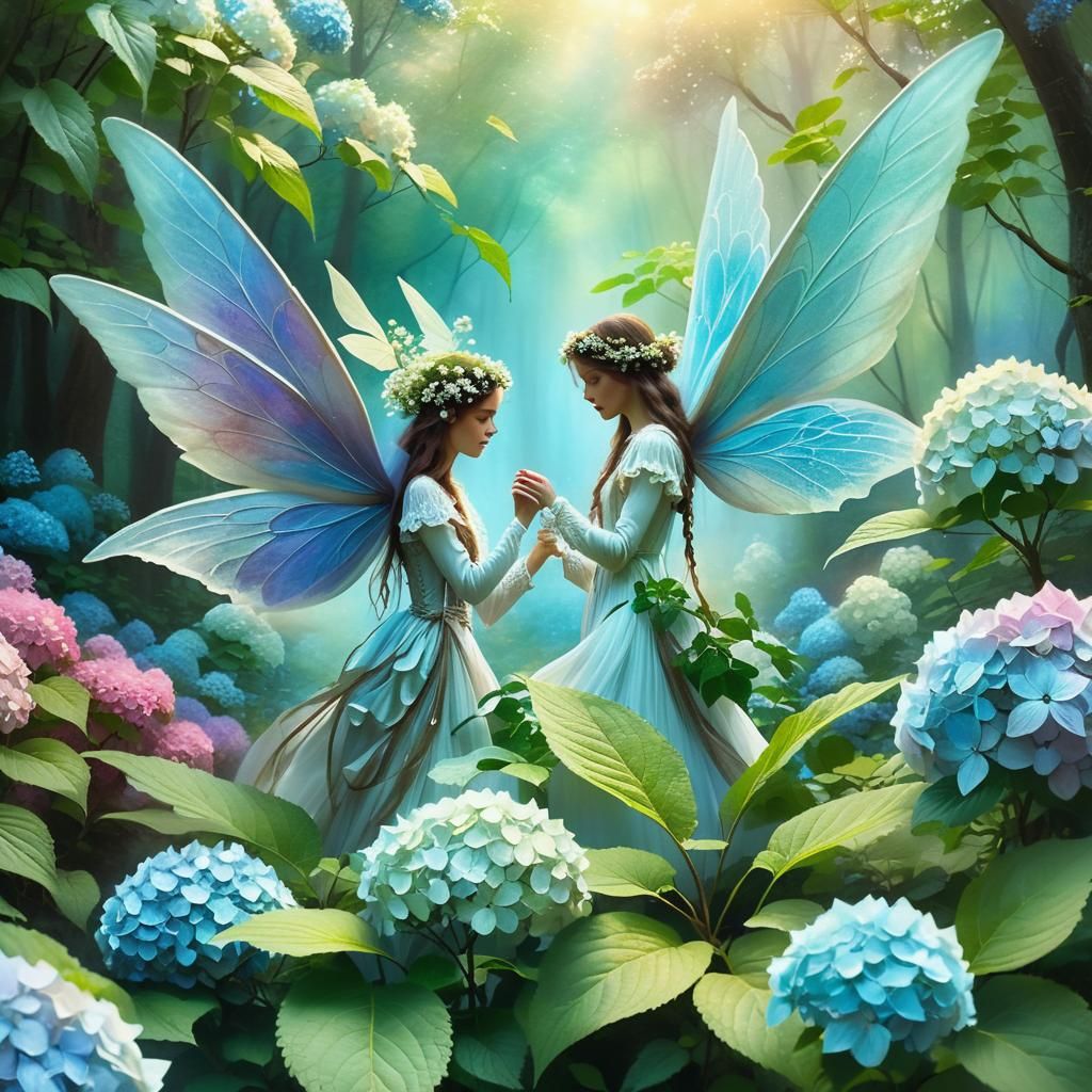 Woman in Mystical Forest with Hydrangeas