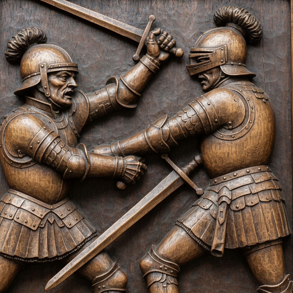 Knights Clash: A Detailed Wood Relief Carving