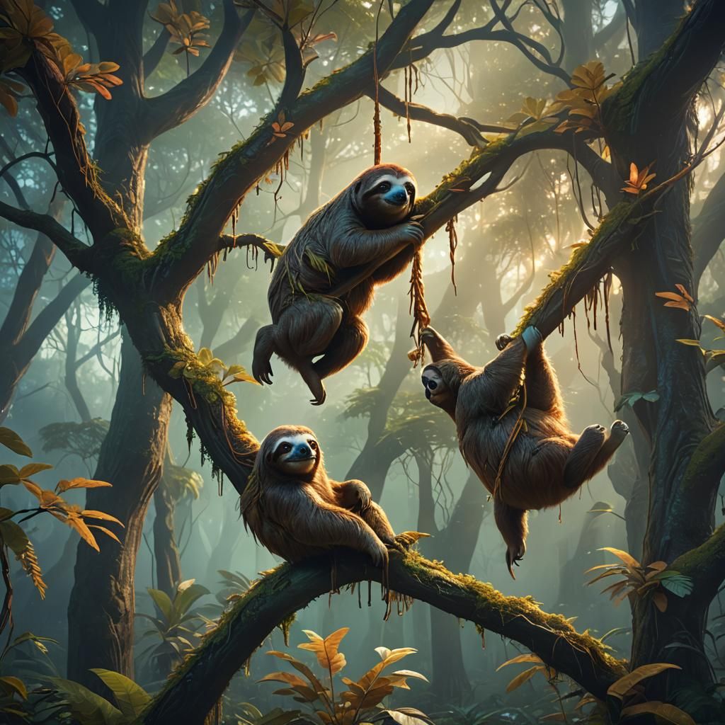 Sloths in a Misty Forest: Fantasy Concept Art
