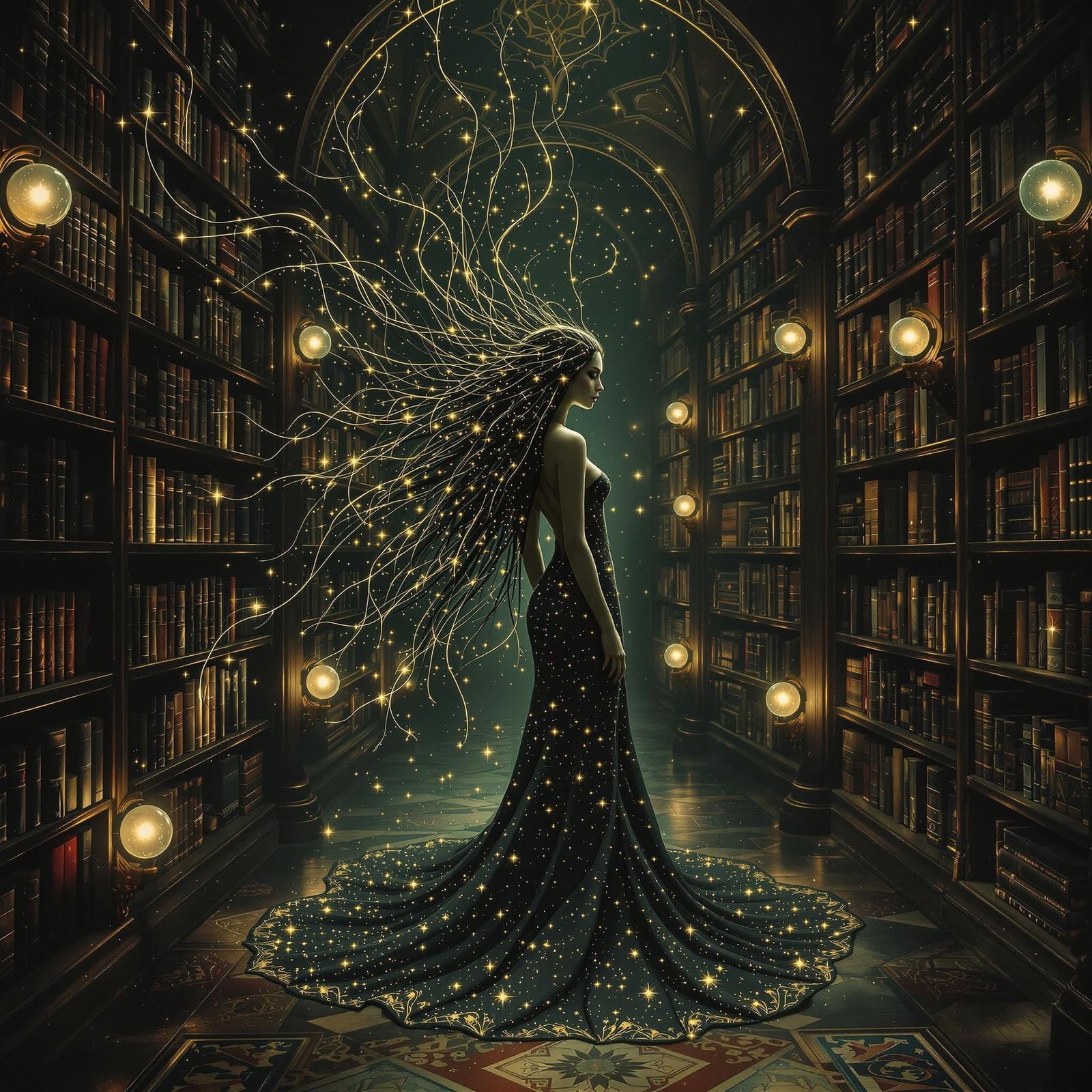 Sorrowful Starlight Woman in Gothic Library, Art Nouveau Sty...