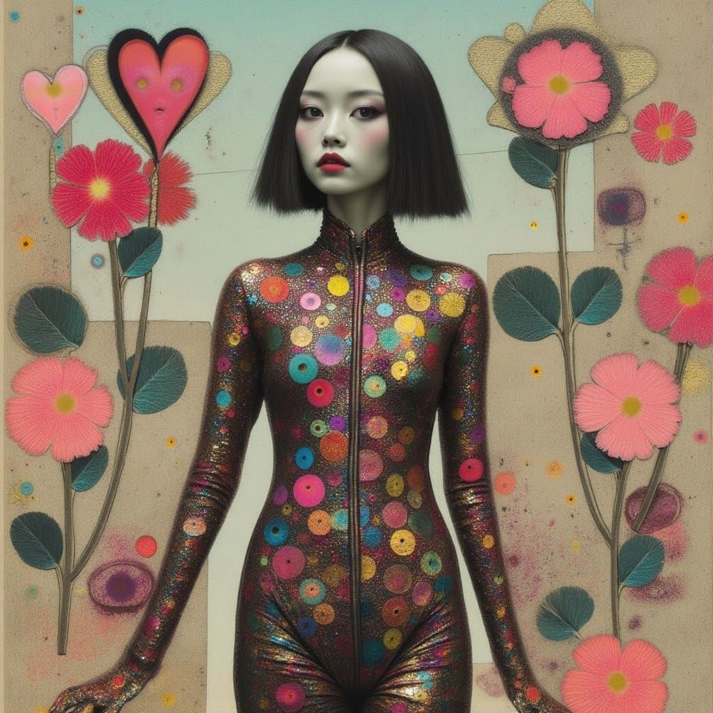 Abstract Woman in Metallic Jumpsuit, Dark Futurism World