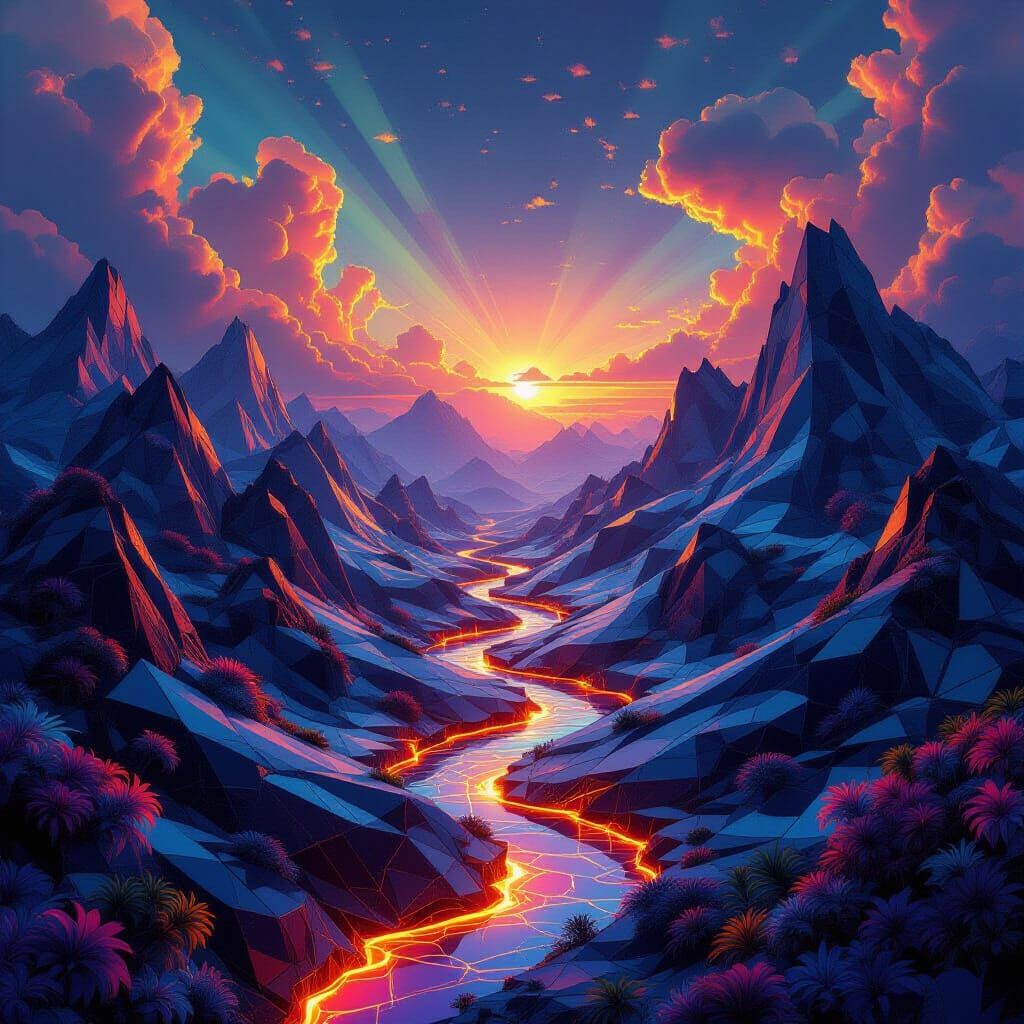 Surreal Crystal Valleys with Molten Rivers