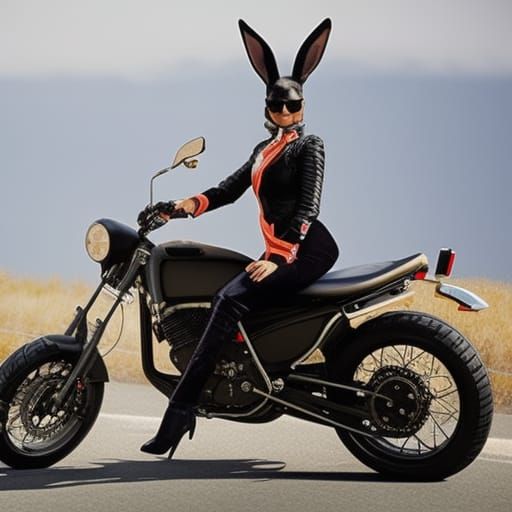 Bunny woman riding a motorcycle with a shotgun post-apocalyptic photorealistic hyperdetailed elegant beautiful Julia Pot...