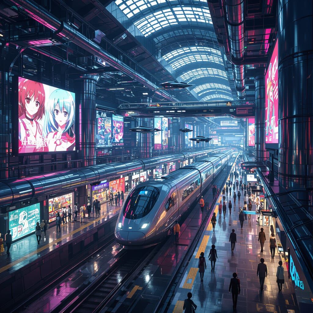 Futuristic Anime Cyberpunk Train Station with Flying Vehicle...