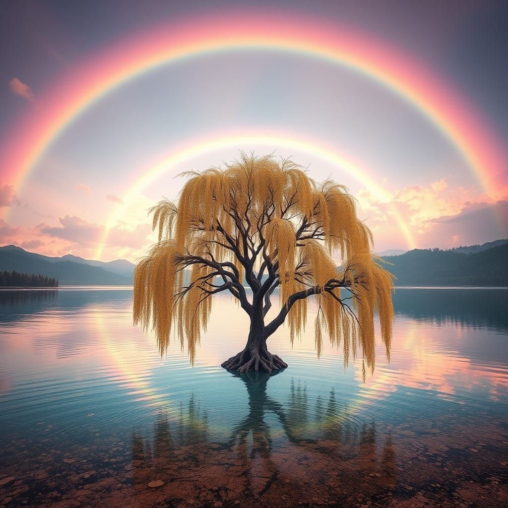 Vibrant Rainbow Over Shining Lake in Futuristic, Dreamy Styl...