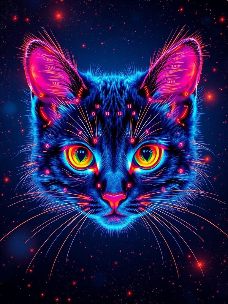 Neon Number Kitty Cosmos in Hyperrealism