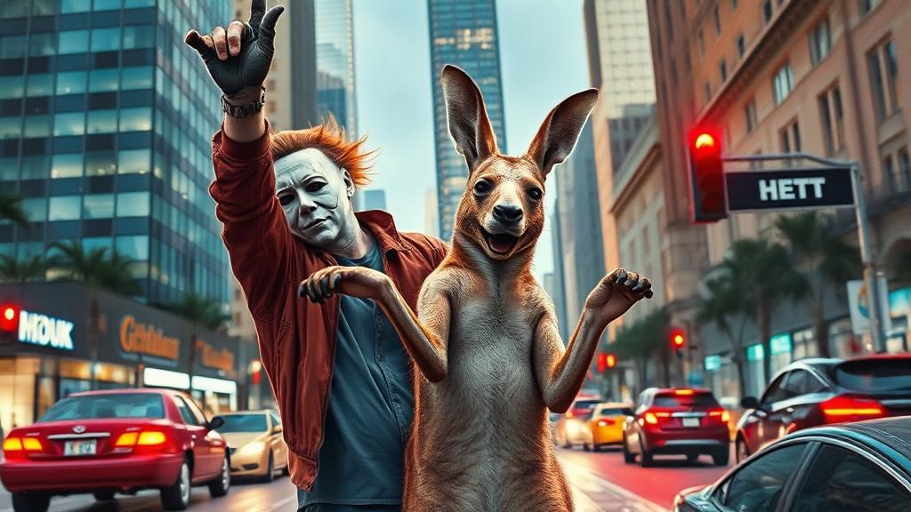 Michael Myers is dancing rap with a kangaroo in the city