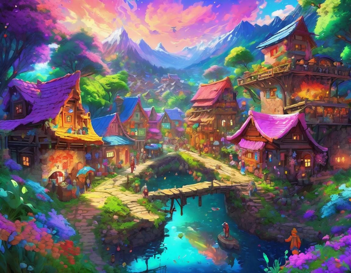 Utopian Village: Detailed Anime Pastel Dreamscape