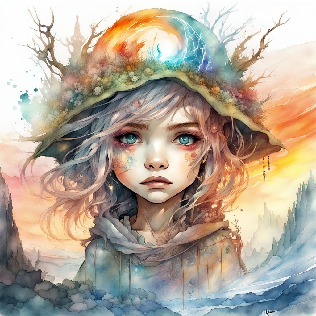Chibi Elemental Witch in Watercolor Art