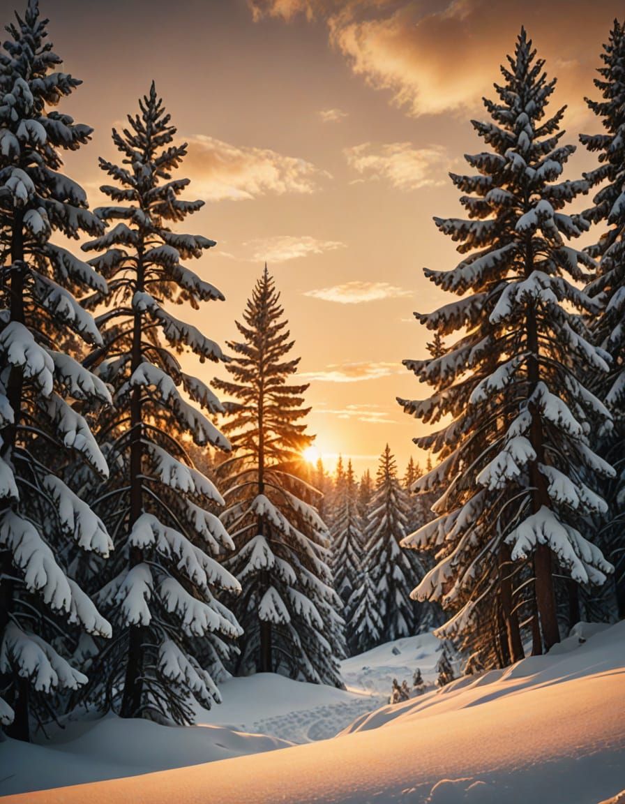 Cinematic Winter Landscape with Golden Hour Glow