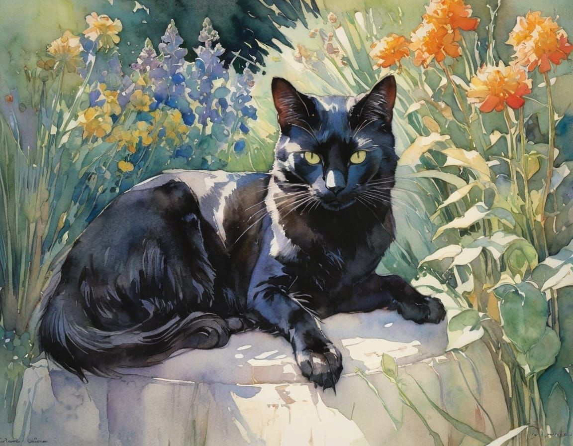 Black Cat Watercolor Painting with Natural Light