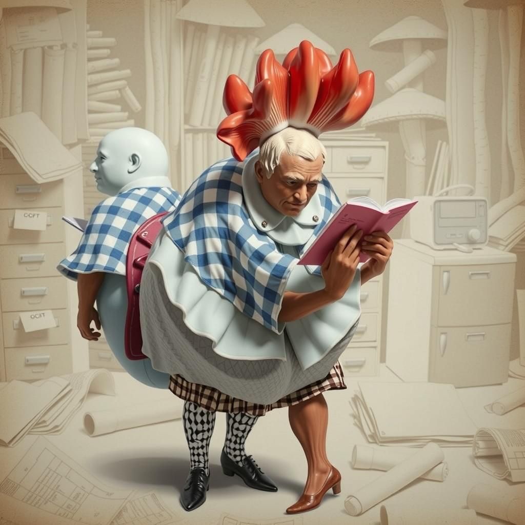 Porcelain Bureaucrats in Mushroom Forest, Linocut Style