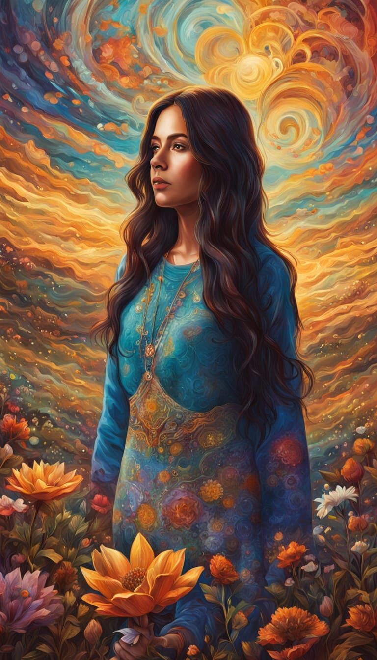 Woman in Meadow with Chakra Symbols as Impasto Painting