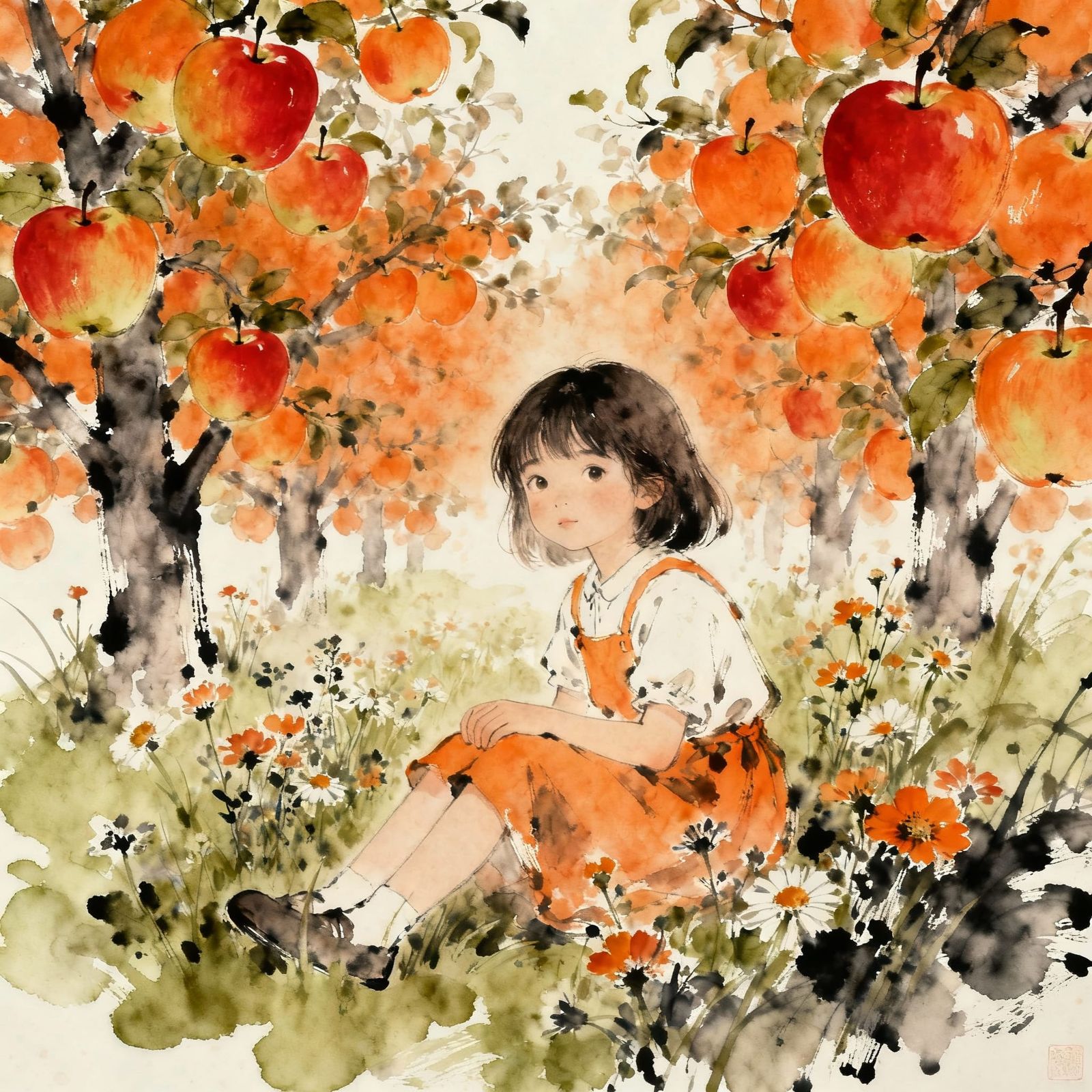 A Little Girl sitting in a orange apple grove......
