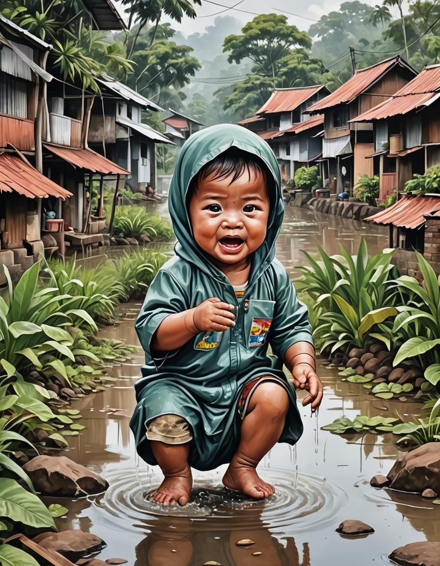 Joyful Indonesian Baby Plays in the Rain