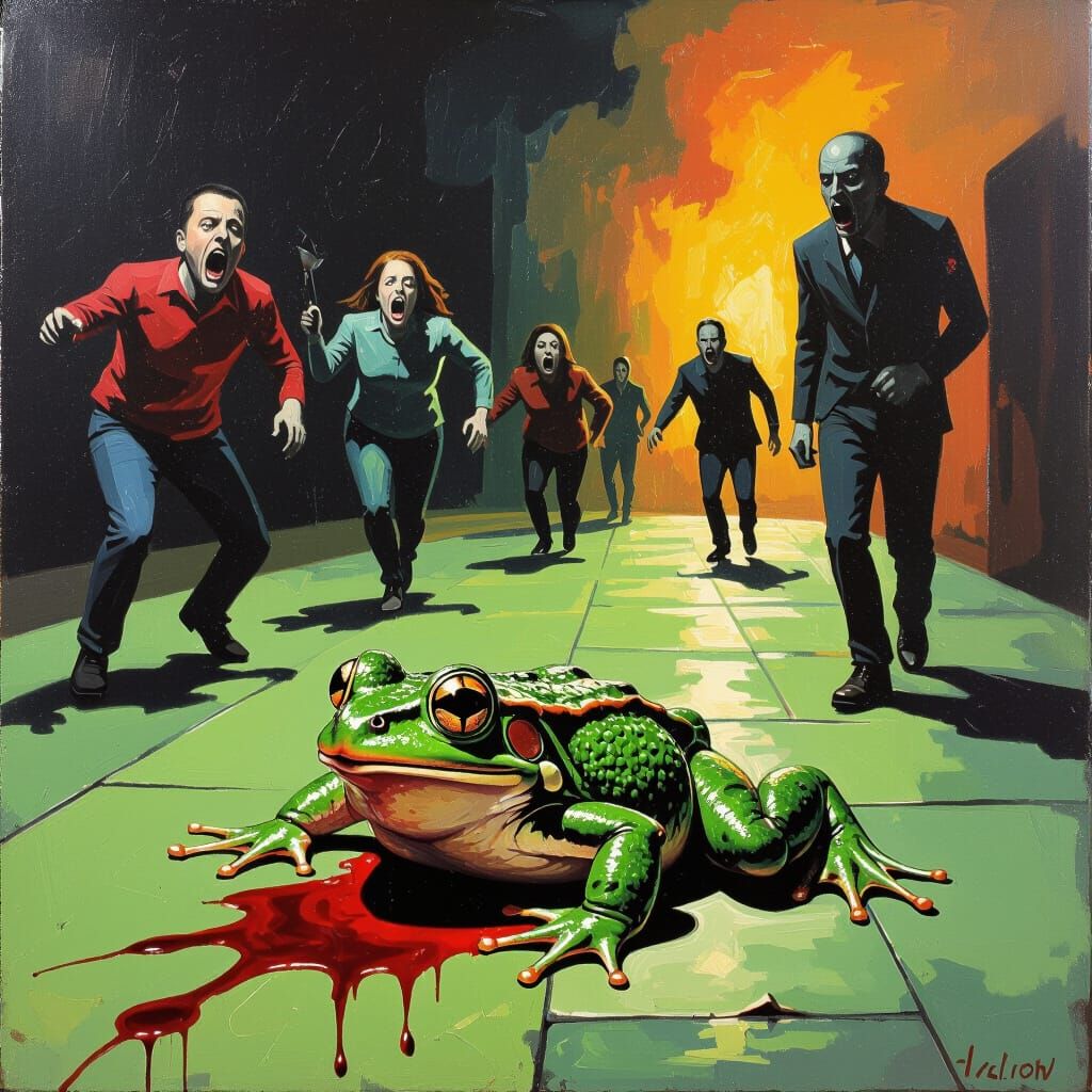 Surreal Nightmare: Frog, Screaming Crowds, Shocked Observer