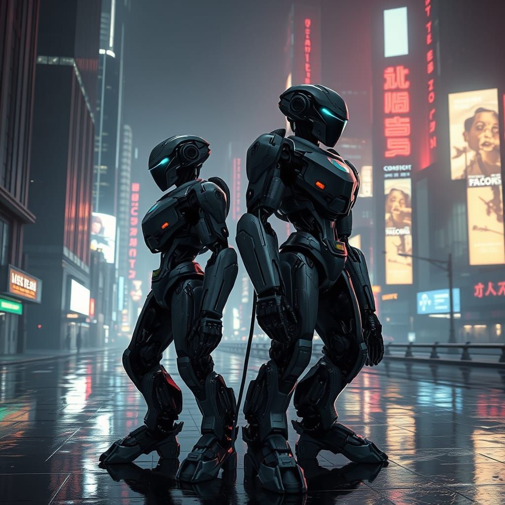 Cyberpunk Robots Stand Back to Back in Neon-Lit Cityscape