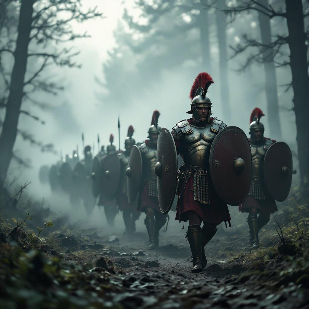 Roman Legionnaires March Through Misty Forest