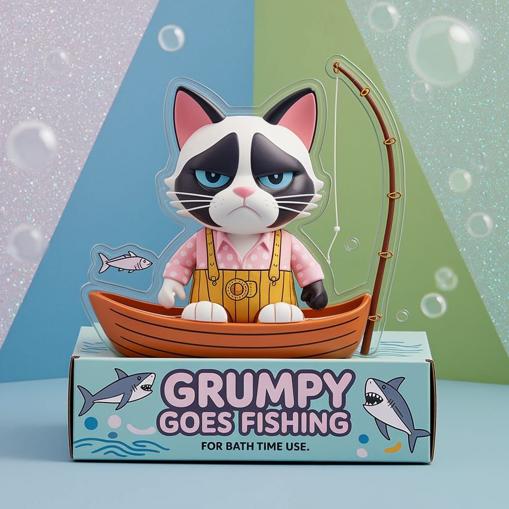 Whimsical Grumpy Cat Fishing Action Figure Box