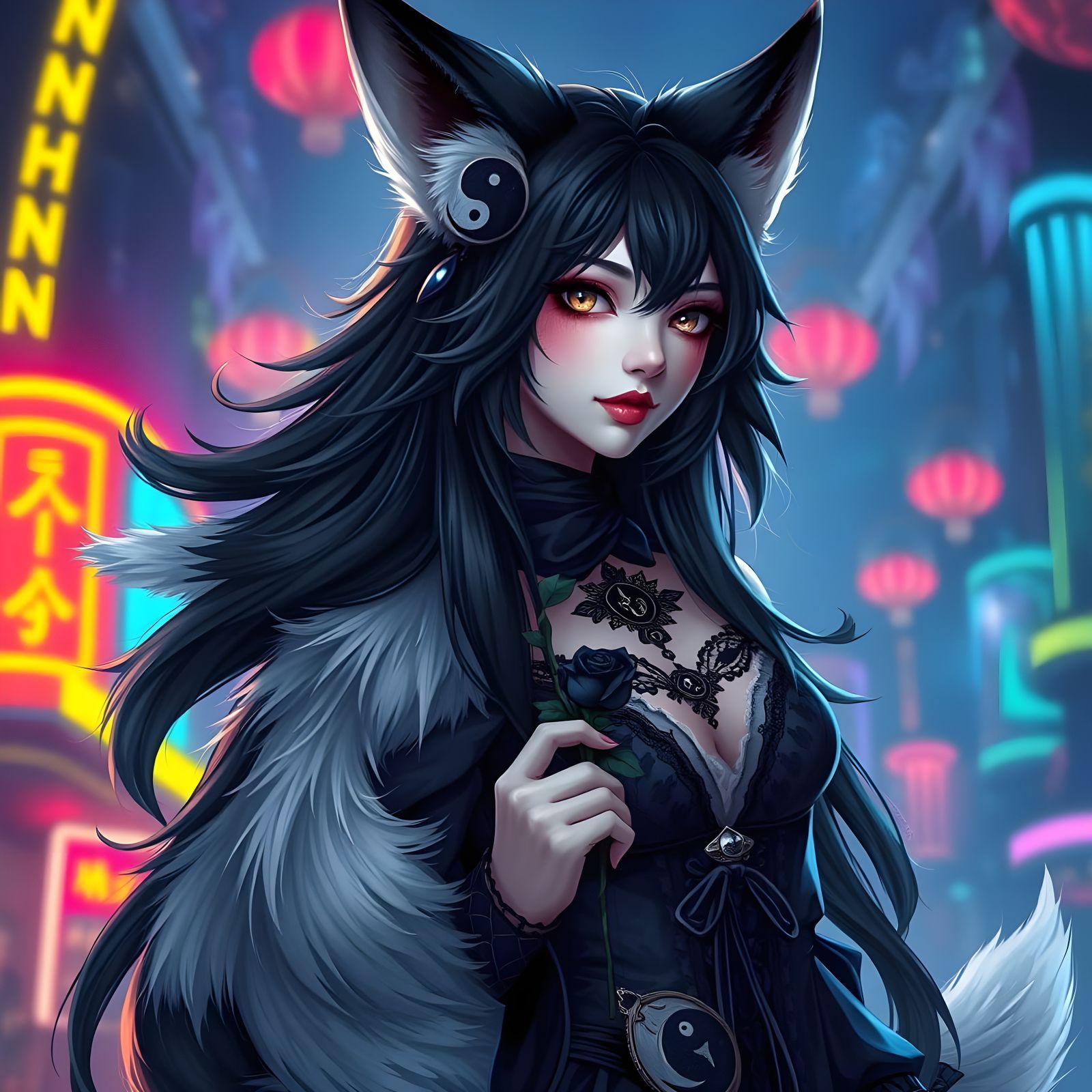 Gothic Kitsune Goddess Holding a Black Rose in a Vibrant Fan...