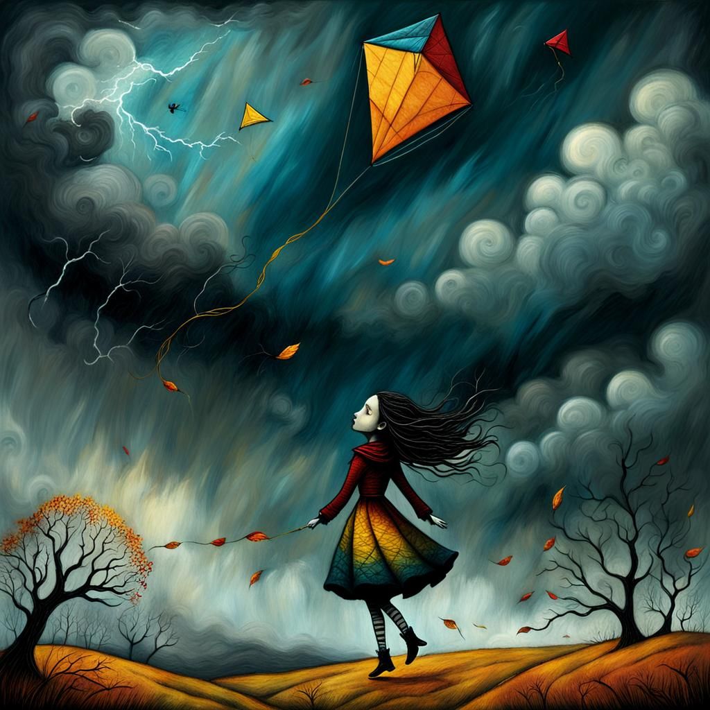 Girl Flying Kite in Storm: Pop Surrealism Illustration