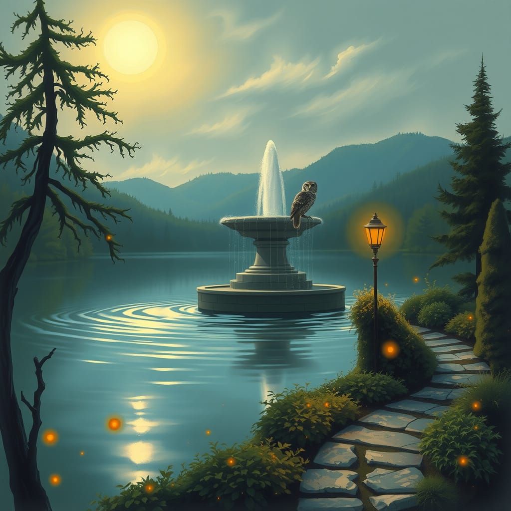 Moonlit Pond with Stone Fountain in Impressionistic Style