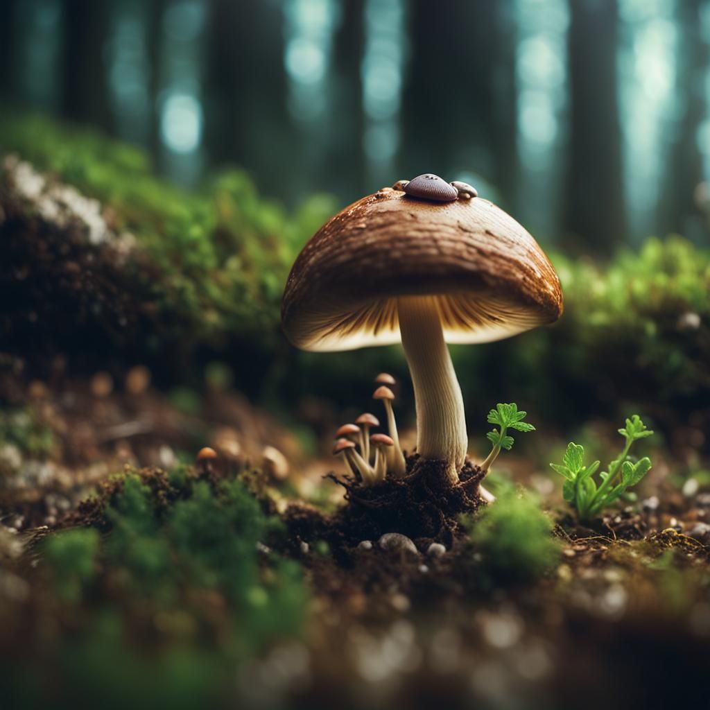 Mushroom Sprouts From Snail Shell: Cinematic Still