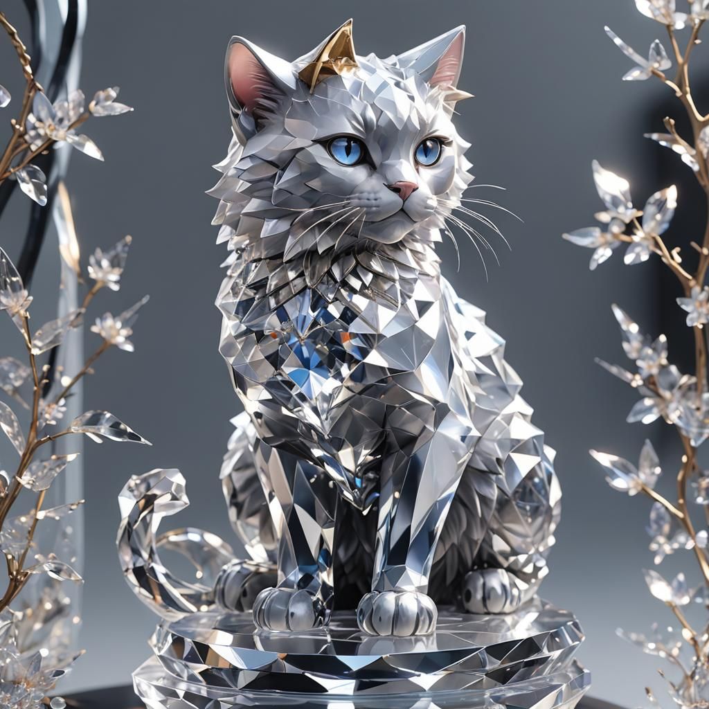 Detailed Crystal Cat Statue: 3D Anime Art